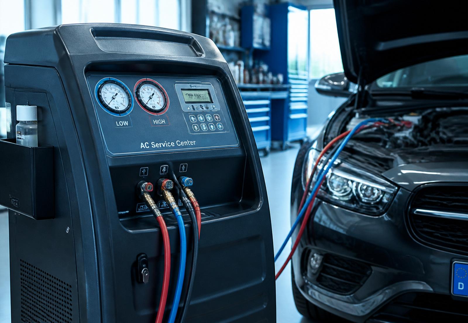 Stazione di ricarica climatizzatore collegata ad auto in officina